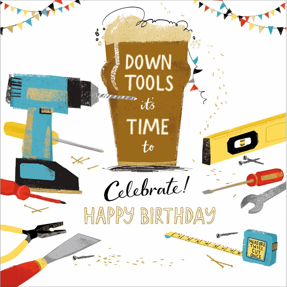 Down Tools birthday card – a pint of beer surrounded by DIY tools