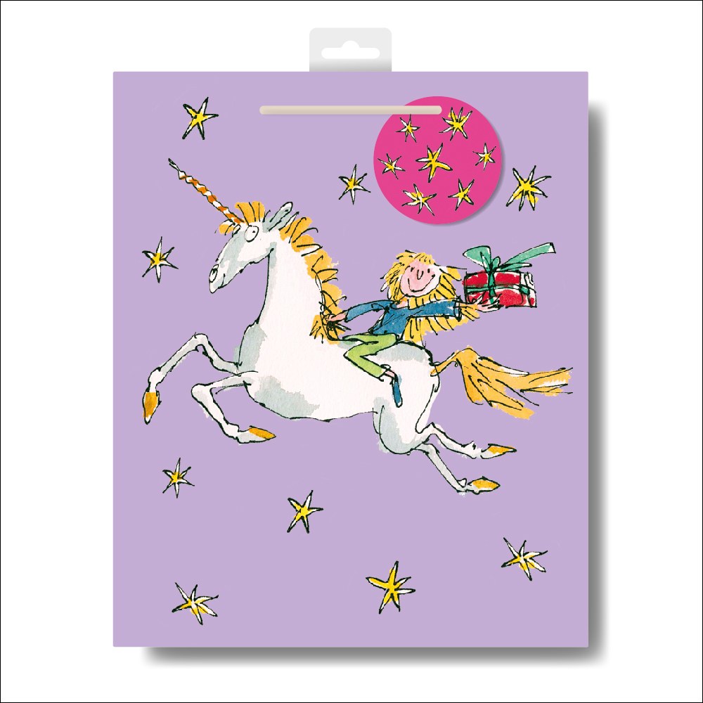 Quentin Blake large lilac gift bag – child riding a white unicorn among stars