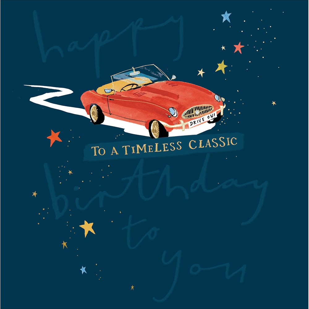 To a Timeless Classic birthday card – red classic convertible on navy