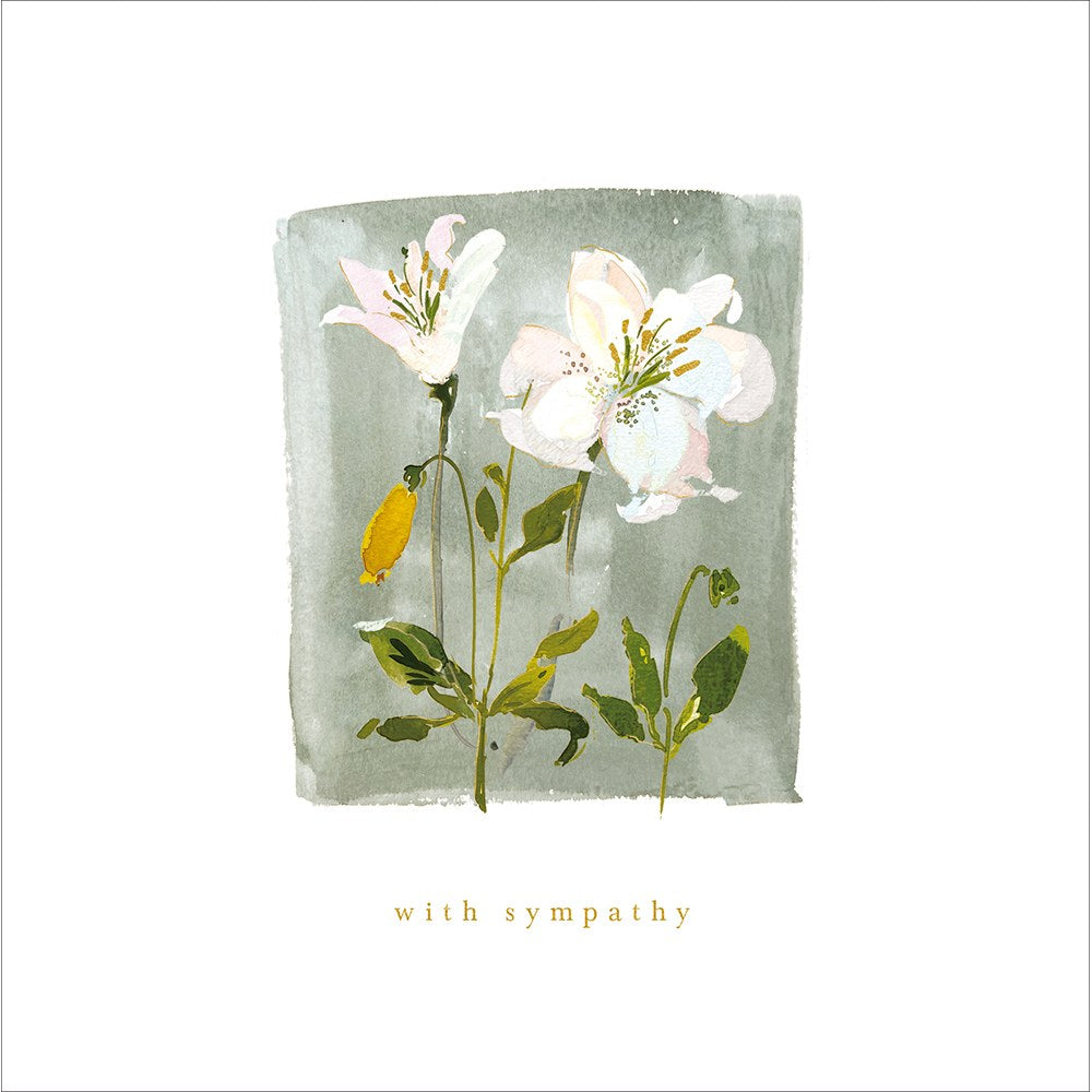 With sympathy card with painted white lilies on a sage-green wash