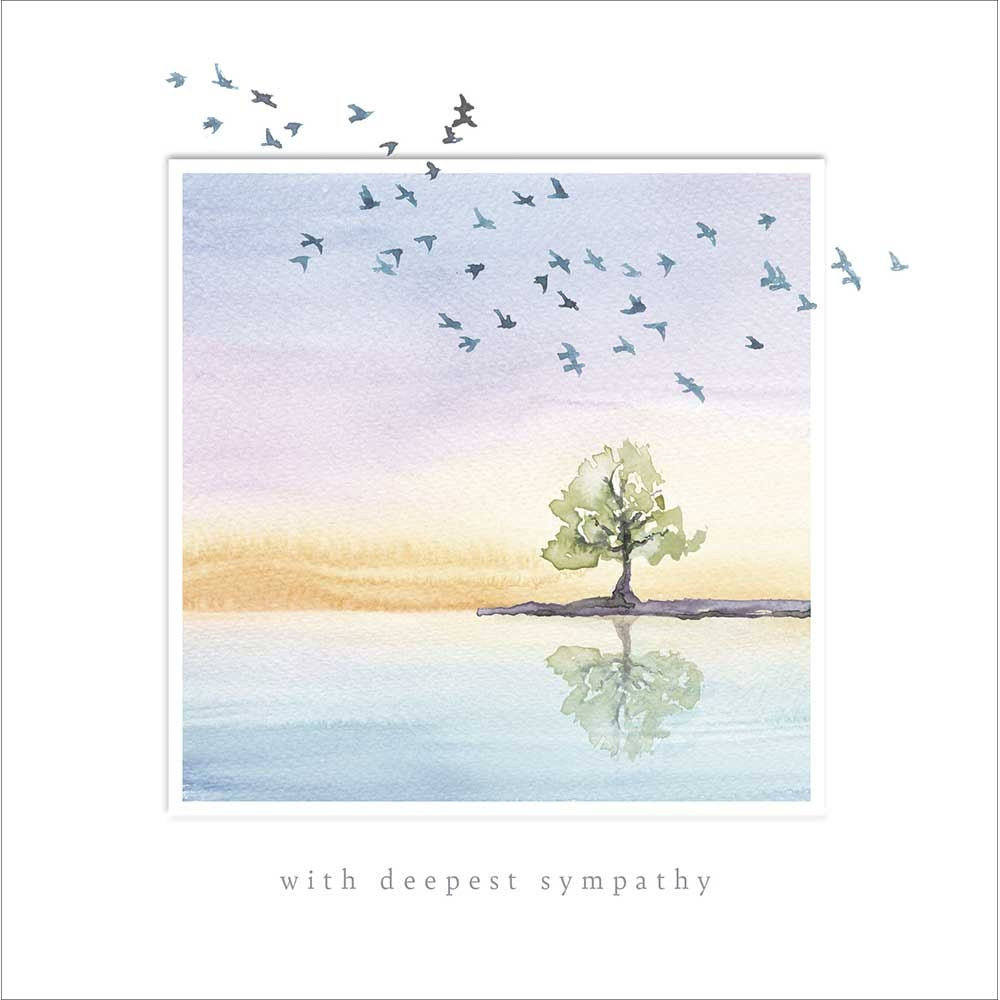 With deepest sympathy card – watercolour tree reflected in a lake with flying birds