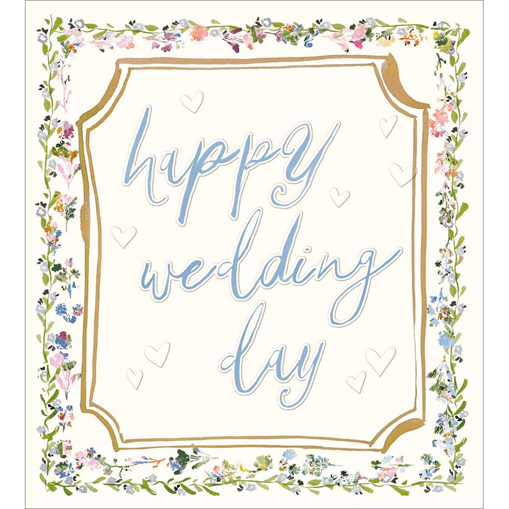Happy Wedding Day card with blue script in a gold frame and floral border