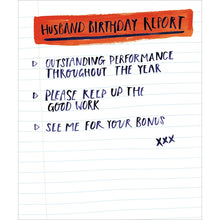 Husband Birthday Report card – handwritten report on lined paper