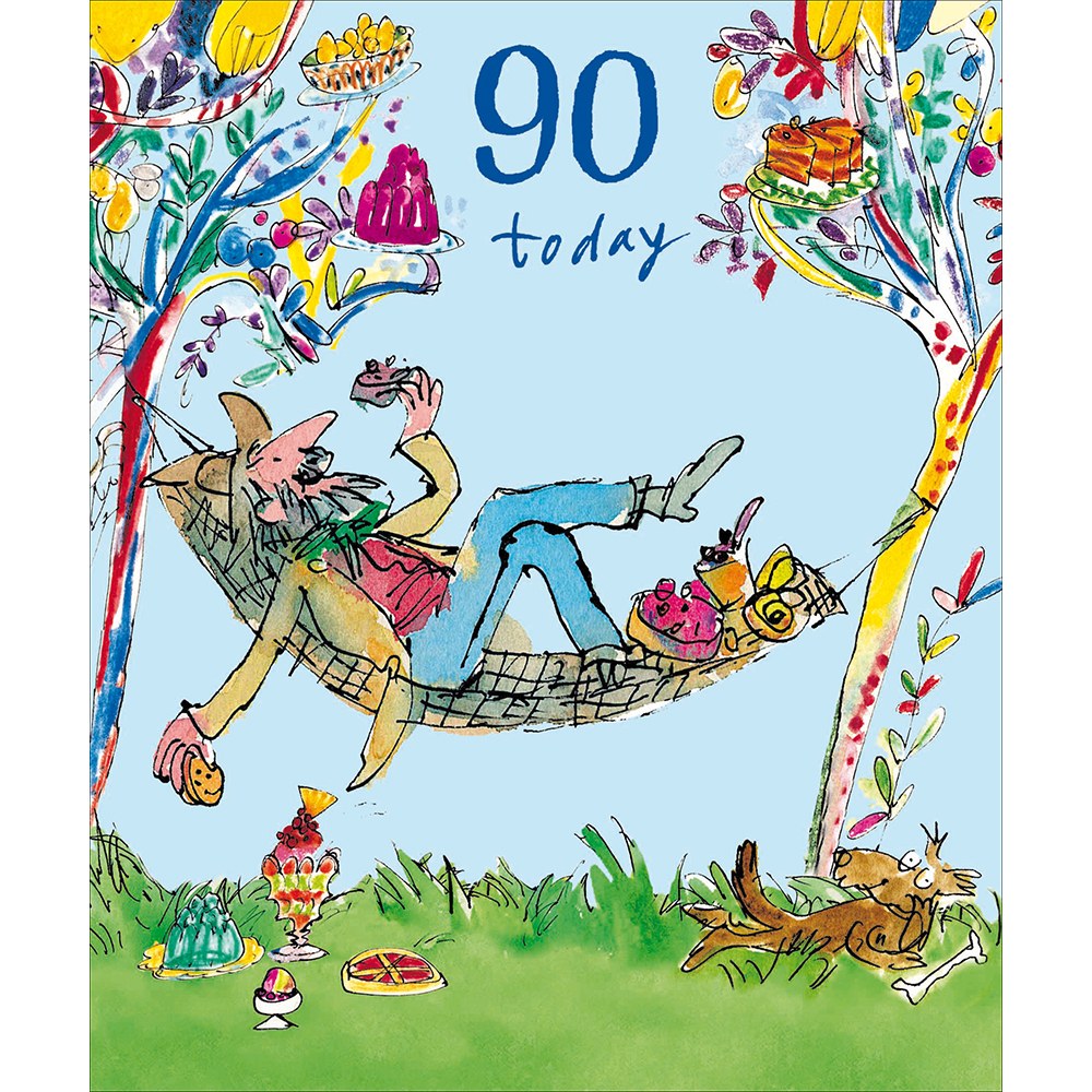 Quentin Blake 90 today card – man relaxing in a hammock surrounded by treats