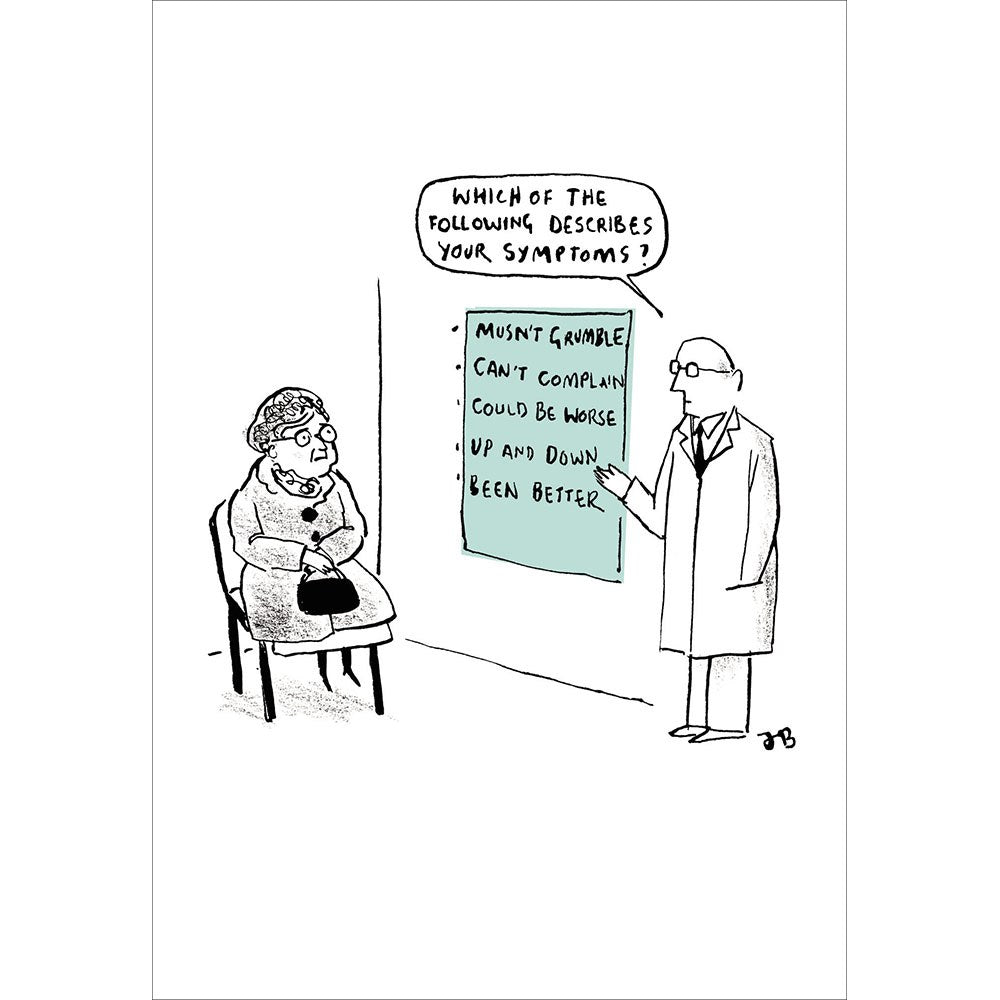 Describe your symptoms cartoon card – doctor pointing at a chart of British replies
