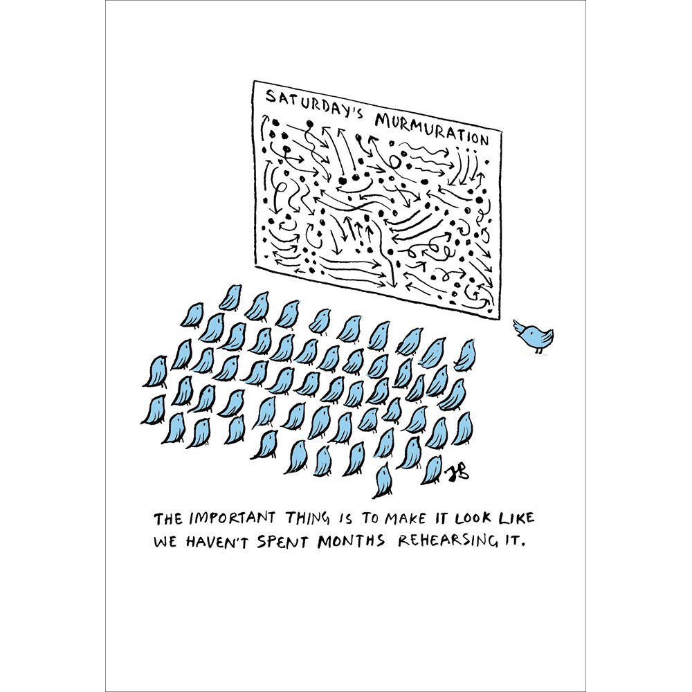 Murmurations card – blue birds in front of a murmuration plan