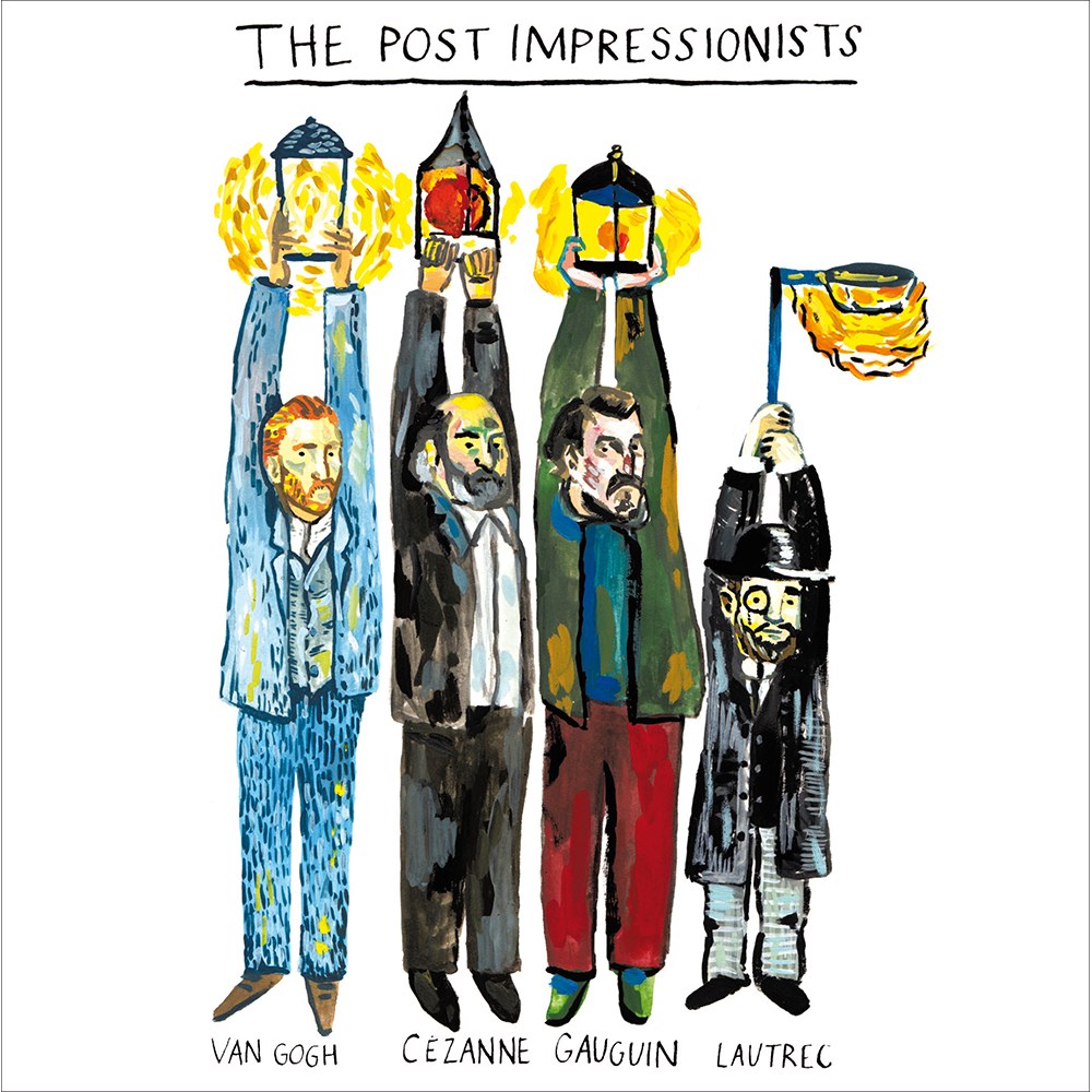 The Post Impressionists card – Van Gogh, Cézanne, Gauguin and Lautrec holding lamps