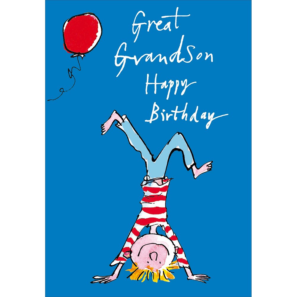 Quentin Blake Great Grandson birthday card – boy doing a handstand with a red balloon