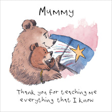 Mummy card – mother bear cuddling cub while reading a book