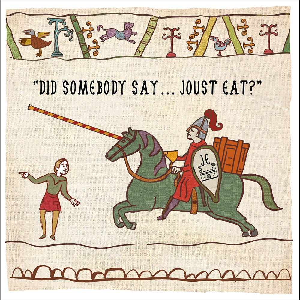 Joust Eat tapestry-style card – knight on horseback with a delivery box